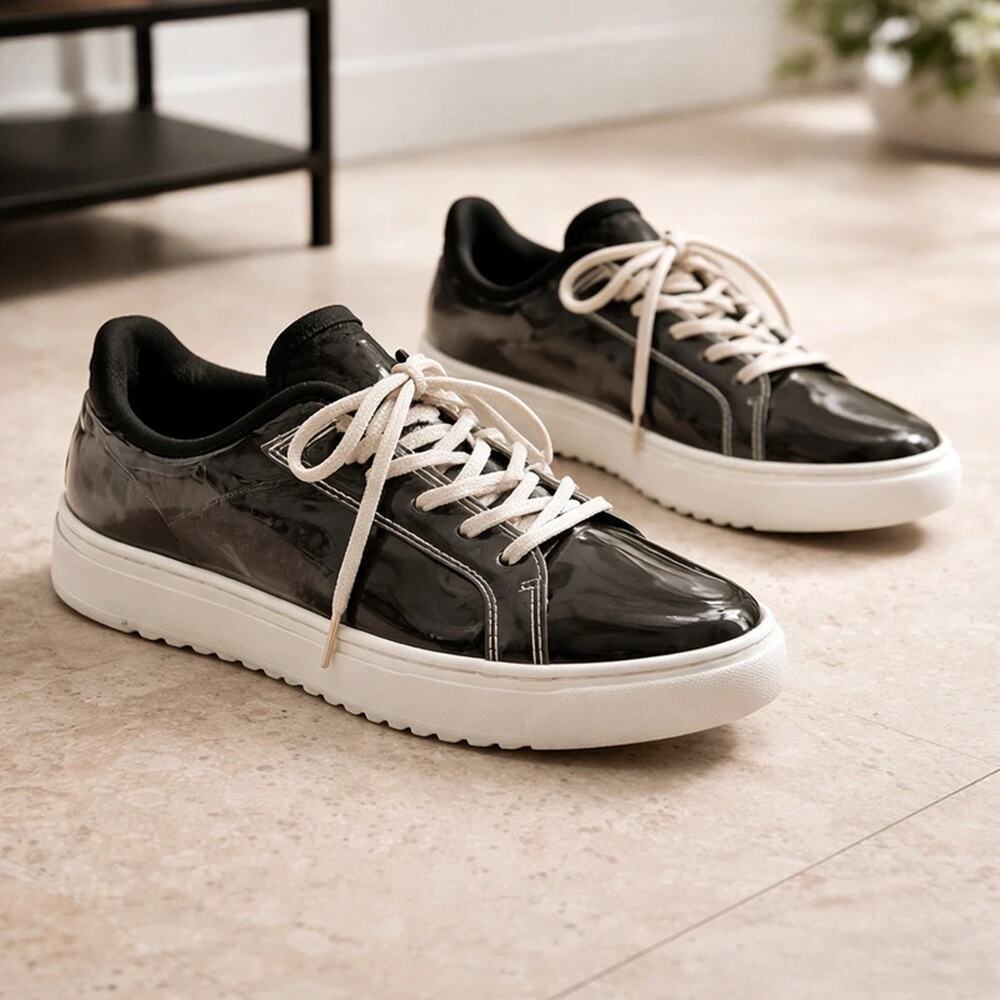 Wild Diva Women's 5.5 Edgy Sleek Black Patent Leather Sneakers Casual or Dressy